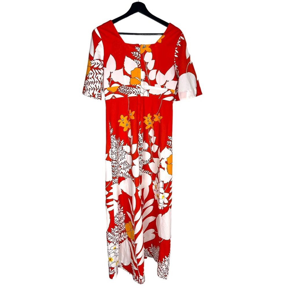 Vintage 60s Hawaii Nei Red Floral Short Sleeve Empire Waist Full Length Dress Me - Picture 4 of 10